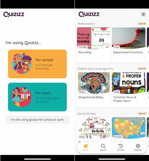 Существуют ли мобильное приложение quizizz для ios android chromebook