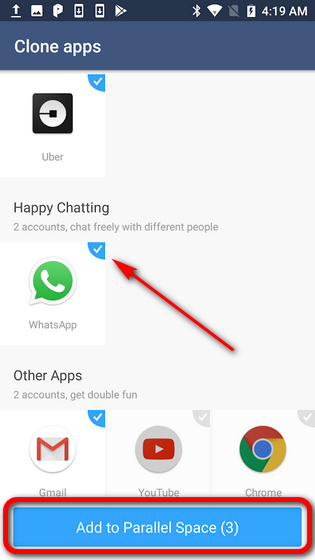 Ejecute dos cuentas de WhatsApp en el mismo teléfono Parallel Space