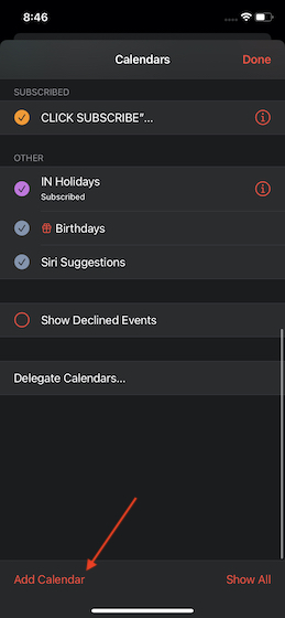 Tap on add calendar