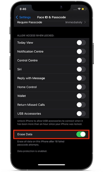 Turn on Erase Data toggle