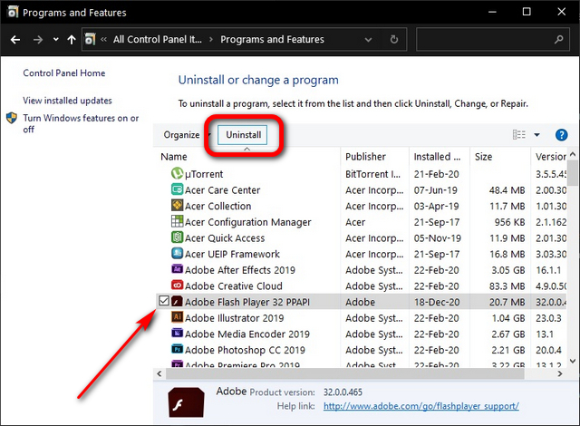 adobe flash uninstaller