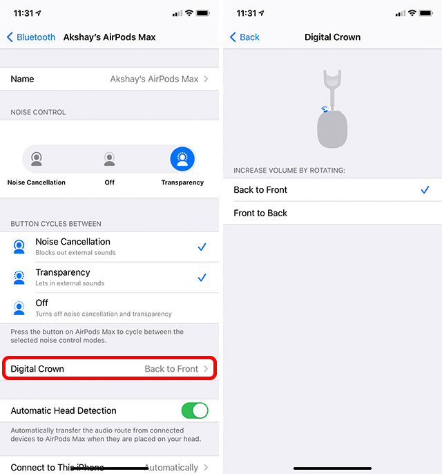 airpods max tips customise digital crown