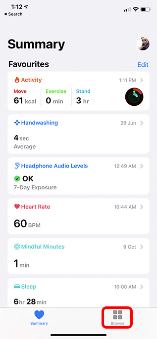 browse tab in iphone health app
