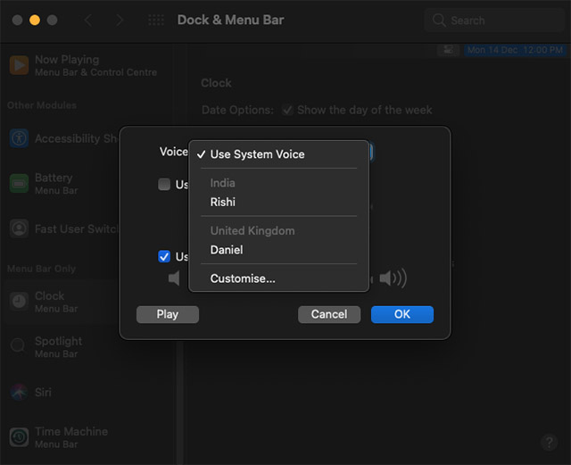 change voice time announcements mac