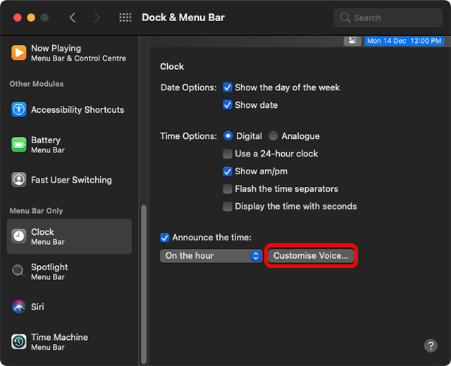 customise voice time announcements