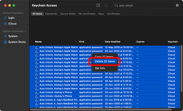 delete auto unlock entries keychain