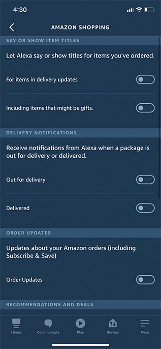 change alexa settings to disable all amazon notifications