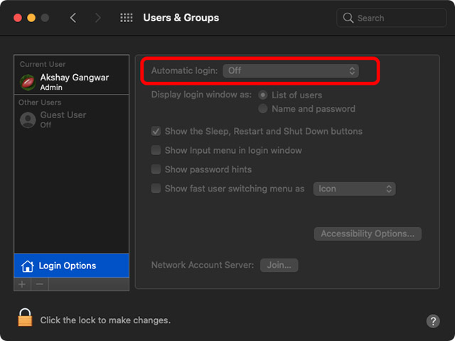 disable automatic login to fix apple watch not unlocking mac with macOS big sur