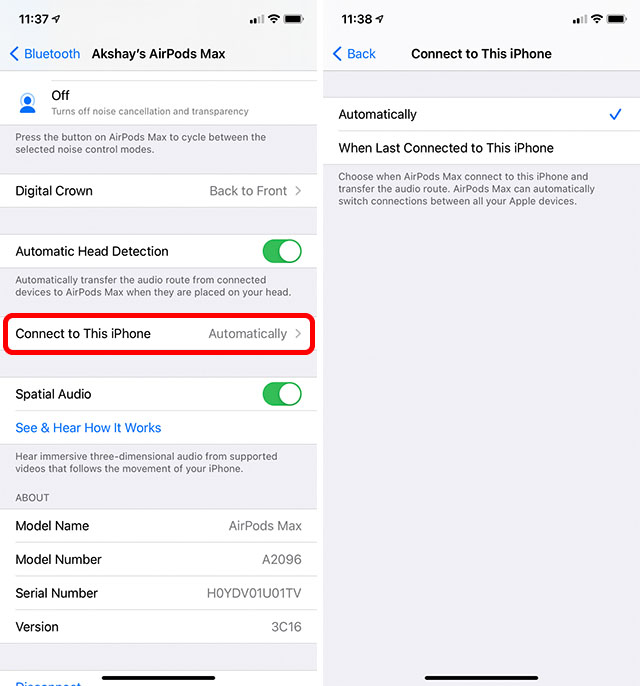 disable automatic switching airpods max tips