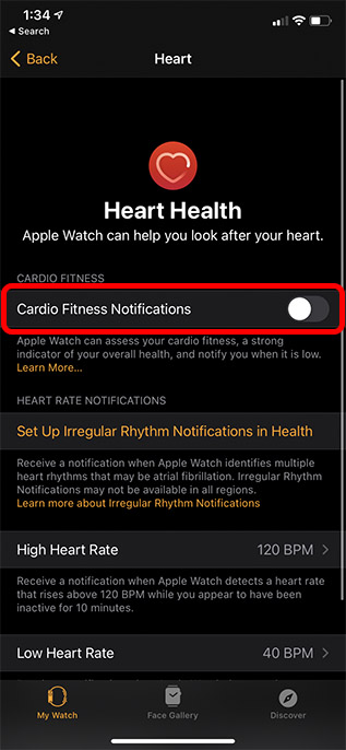 enable cardio fitness notifications apple watch