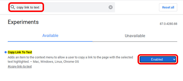 habilitar la bandera para copiar el enlace al texto en Chrome OS