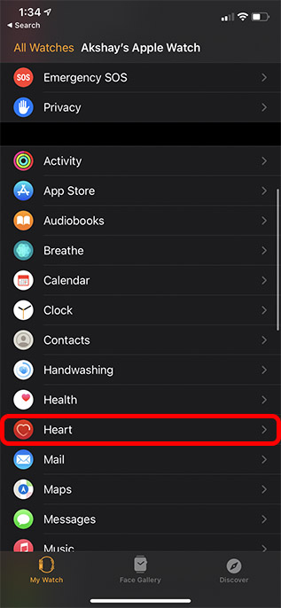 sección del corazón en la aplicación de reloj