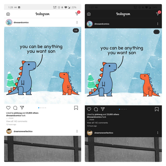 instagram lite light theme vs forced dark theme