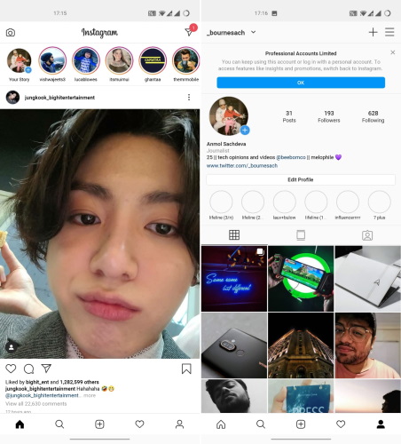 instagram lite screenshots - bts - jungkook