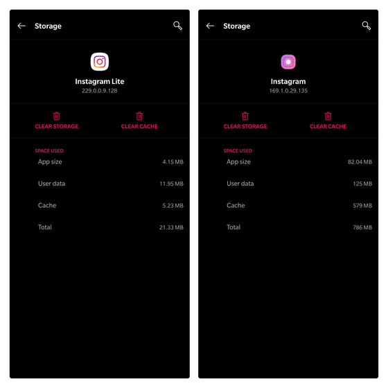 instagram lite vs instagram app size