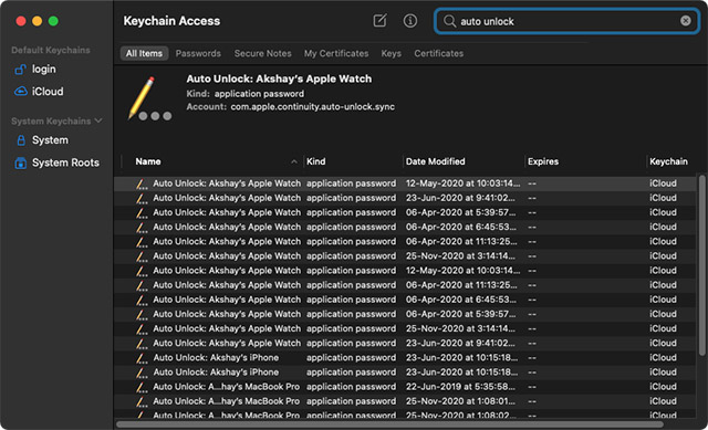 keychain search for auto unlock