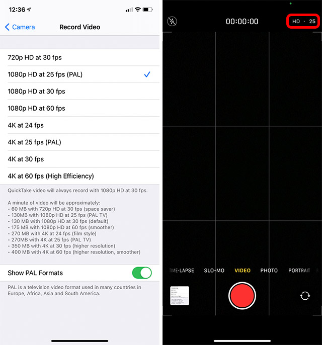 record video in pal format 25fps iphone