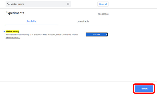 restart chromebook to enable window naming in chrome os