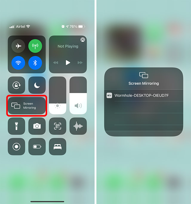 ios screen mirroring options in control center