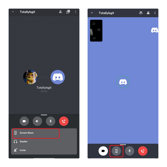 screen sharing button on voice call vs video call