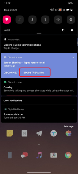 stop streaming from notification shade