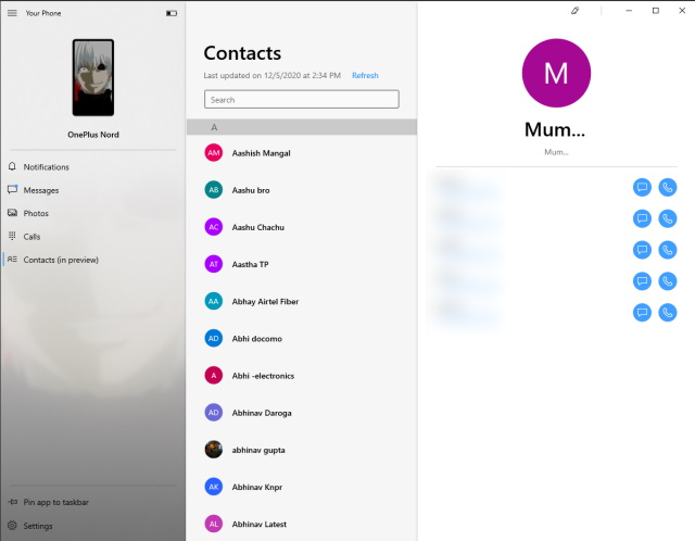 windows 10 - your phone app - contacts list
