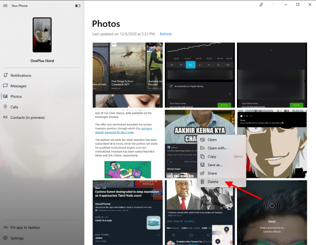 windows 10 - your phone app - delete android phone photos