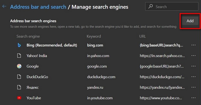 Change Default Search Engine in Microsoft Edge