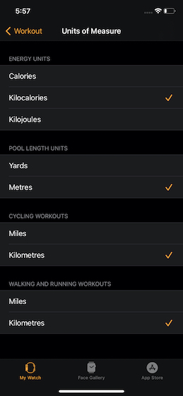 Customize units of measure for Workout on Apple Watch