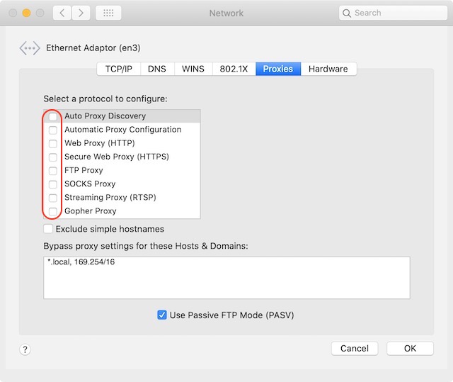 Disabling proxy in macos