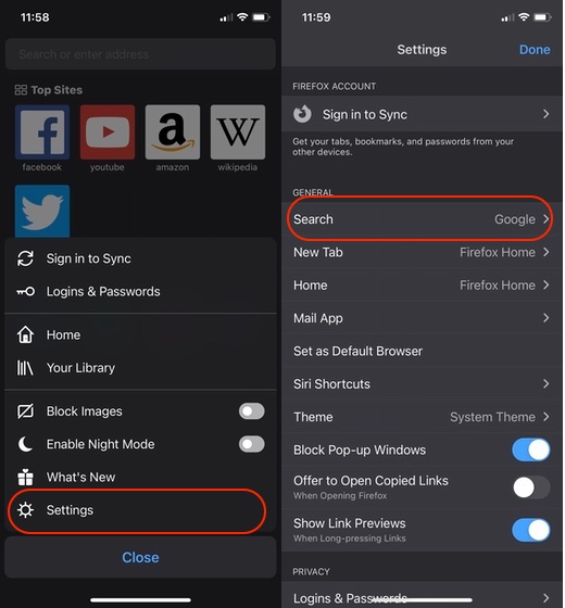 Go to Settings Search