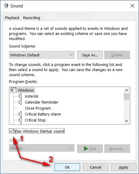 Play Startup Sound in Windows 10