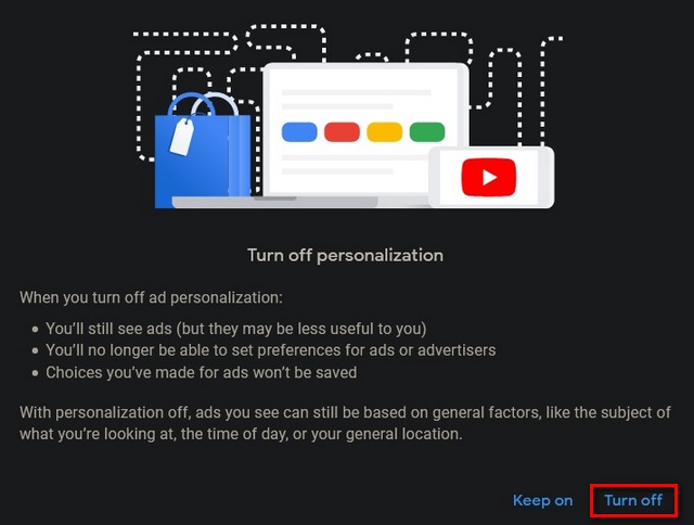 toggle off ad personalization on google