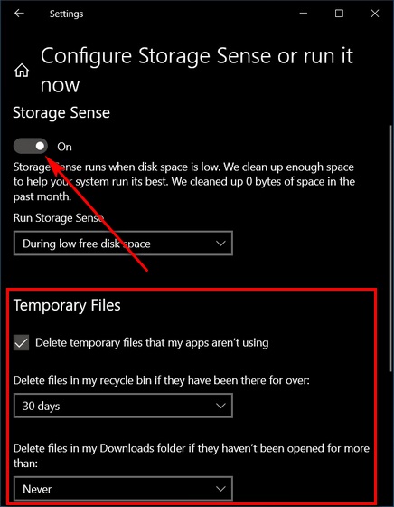 Storage Sense Delete Temporary Files in Windows 10