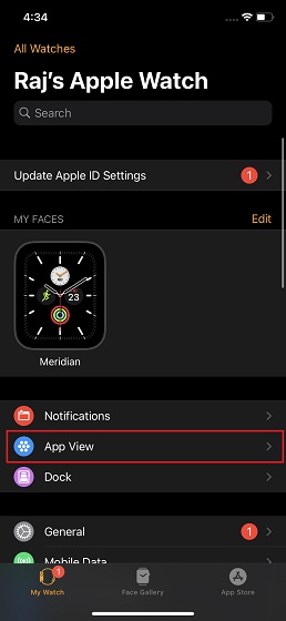 Select App View in watch app for iOS