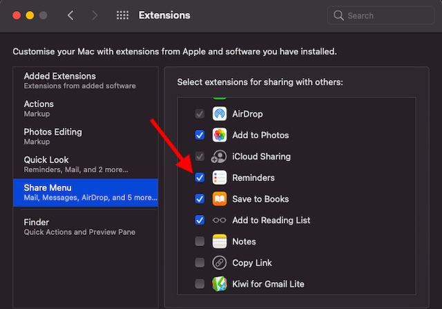 Sélectionnez L'Extension De Partage Sur Mac