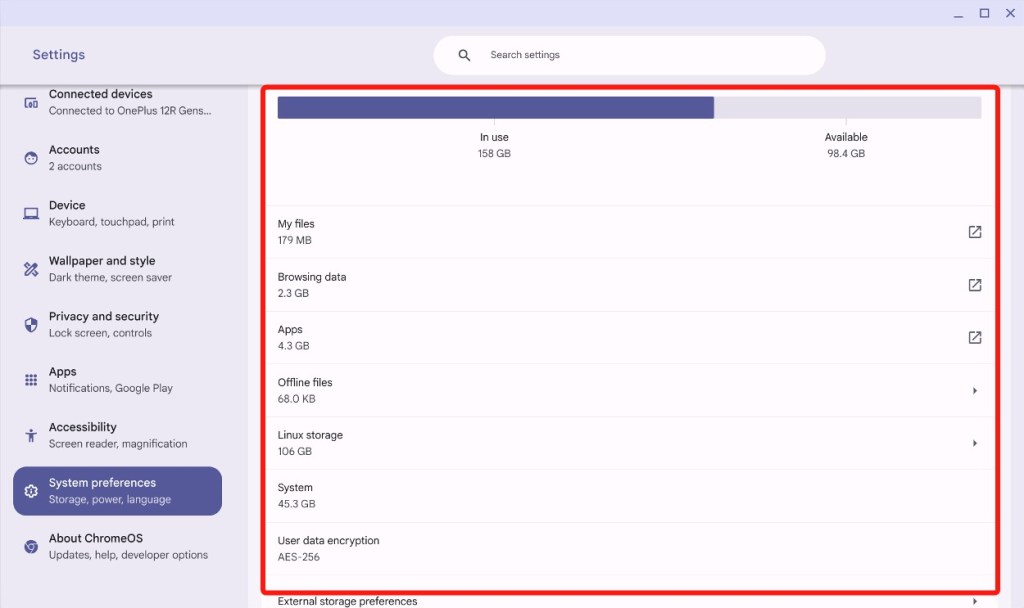 Check storage information to free up storage space on Chromebook.