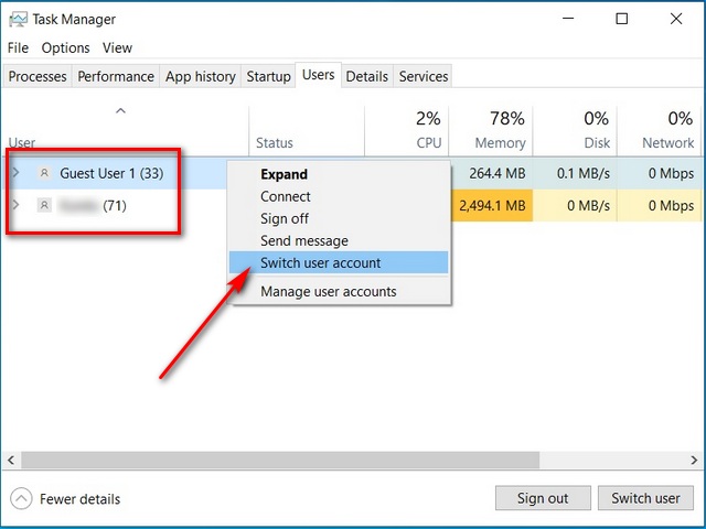 Switch Users in Windows 10 from Task Manager
