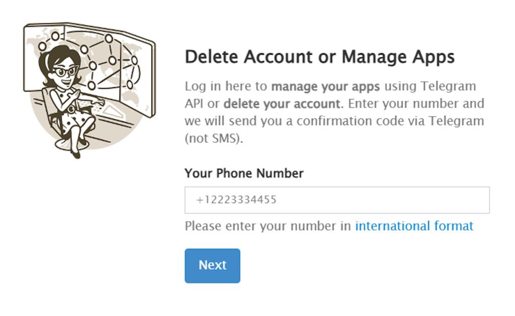Telegram Delete Account page on web