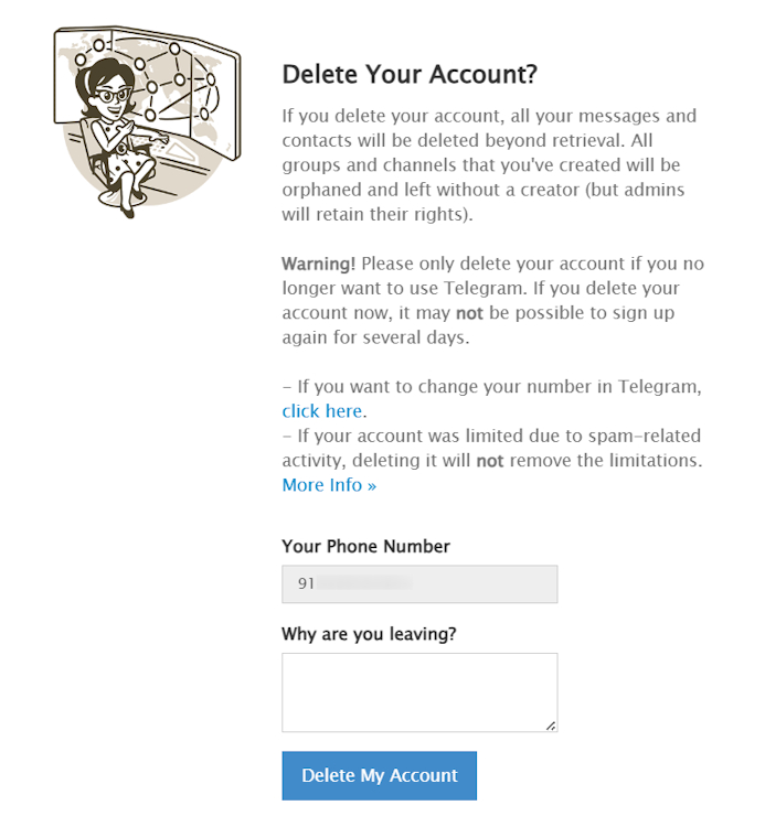 Telegram Delete My Account button on web