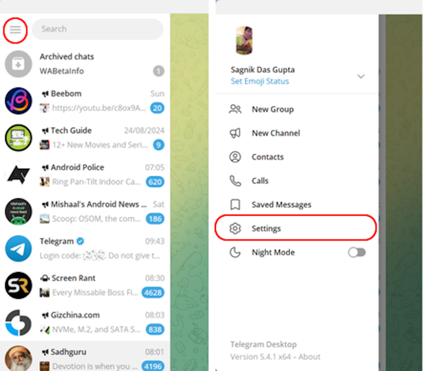 Telegram account setting desktop app