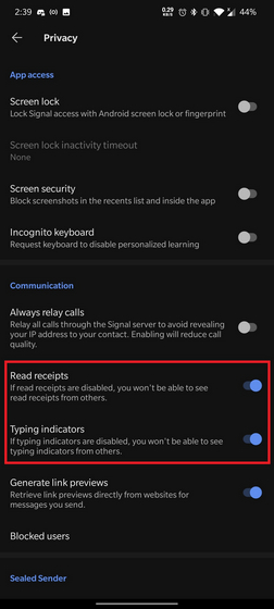 Typing Indicators and Read Receipts toggles