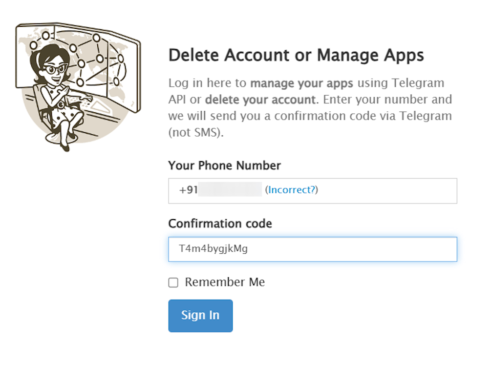 Typing in confirmation Telegram code on web