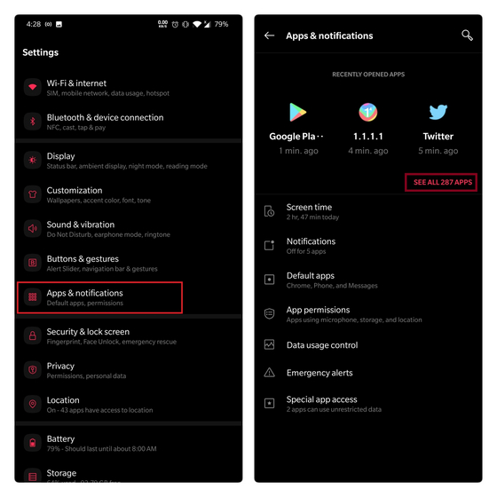 apps and notifications settings