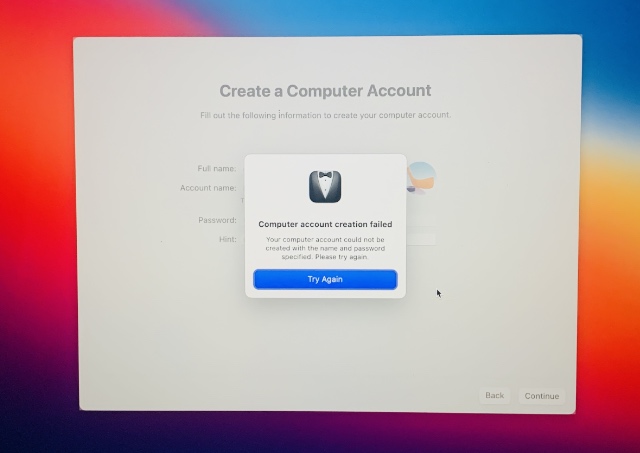 computer account creation failed error screen