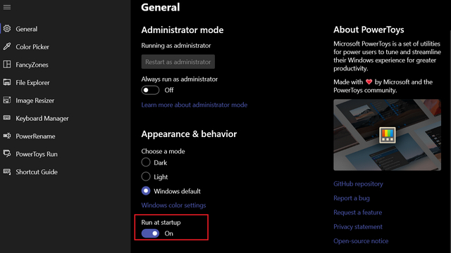 enable run at startup for powertoys