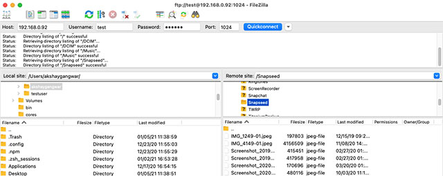 filezilla ftp server connected