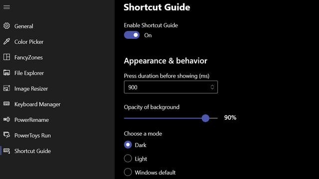 shortcuts guide settings