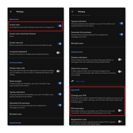 signal screen lock and PIN
