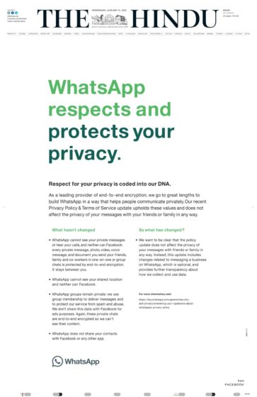 whatsapp full-page ad india newspaper